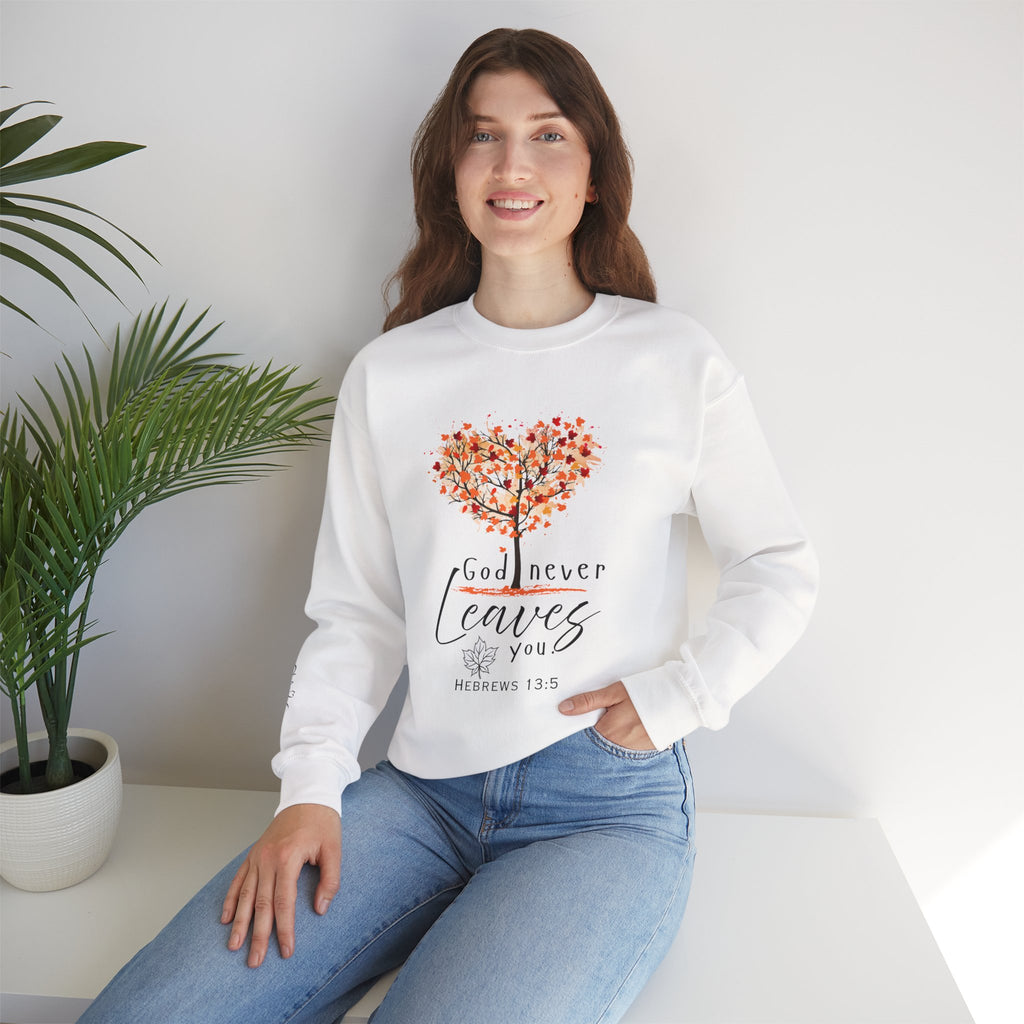 God never leaves women's faith crewneck sweatshirt