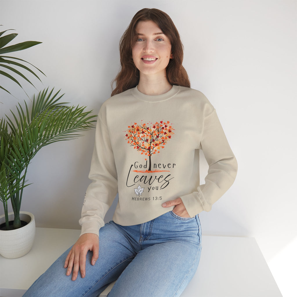God never leaves women's faith crewneck sweatshirt