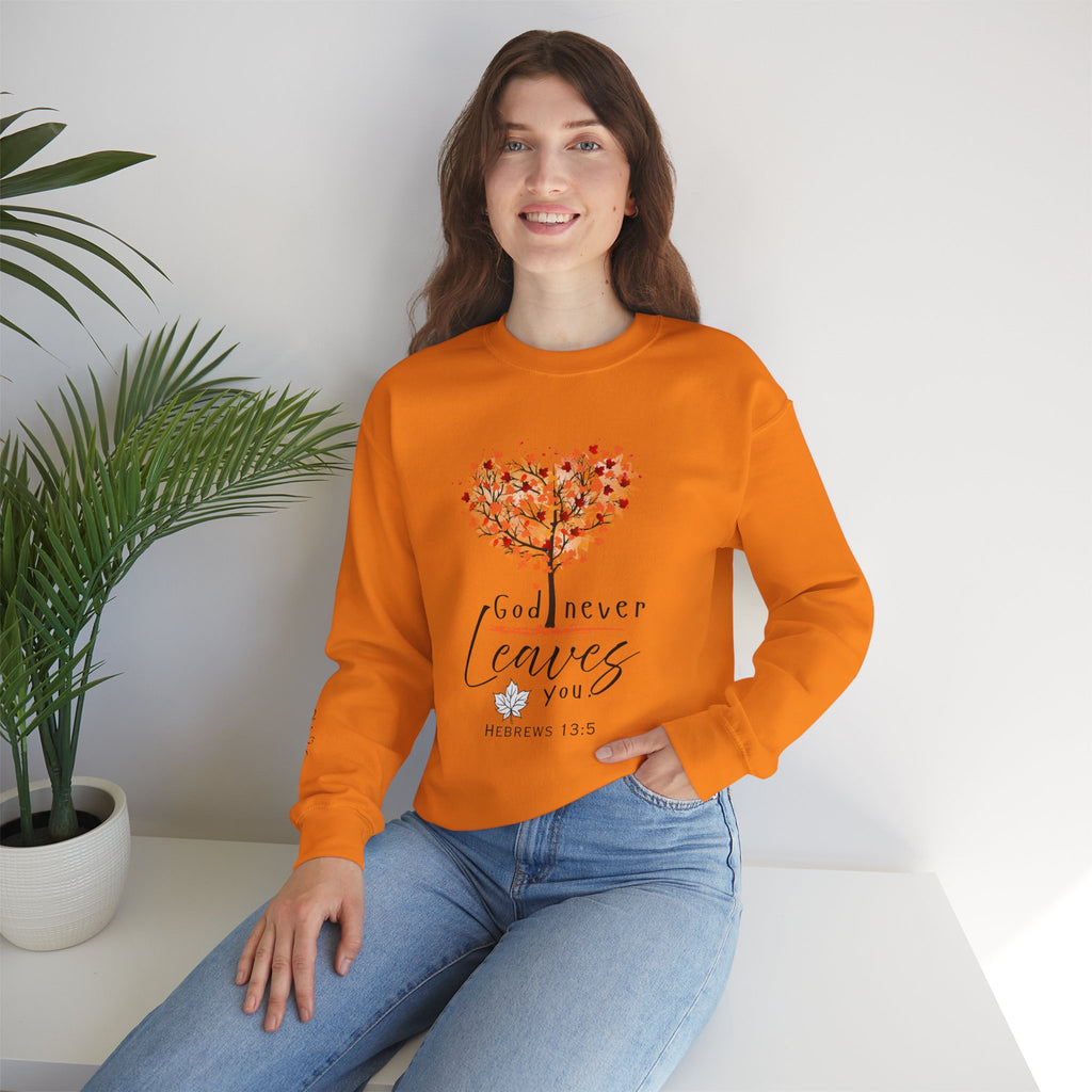 God never leaves women's faith crewneck sweatshirt