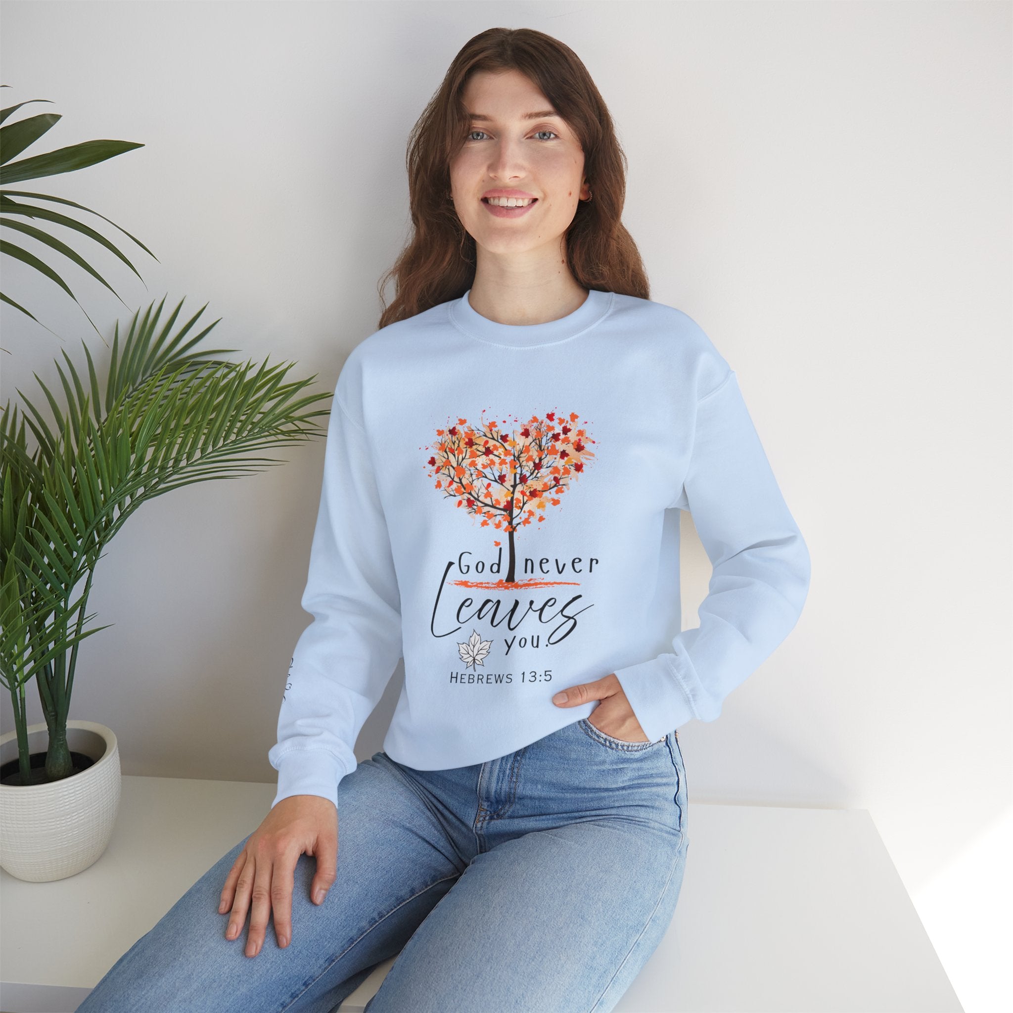 God never leaves women's faith crewneck sweatshirt